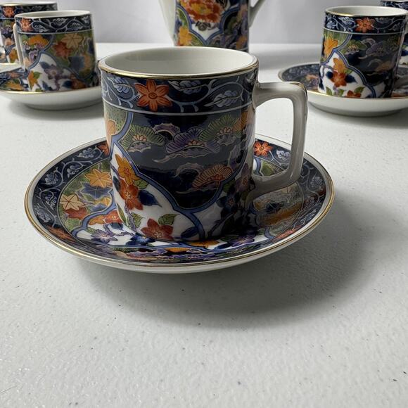 Vintage Fukagawa Imari Porcelain Demitasse Coffee Set for 5 with Floral Pattern